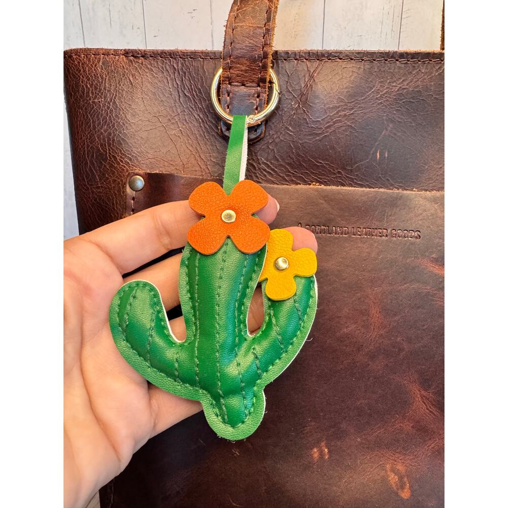 Vegan Leather Flower Cactus Keychain Purse Charm Boho Green Keychain Fast Ship - Picture 5 of 5